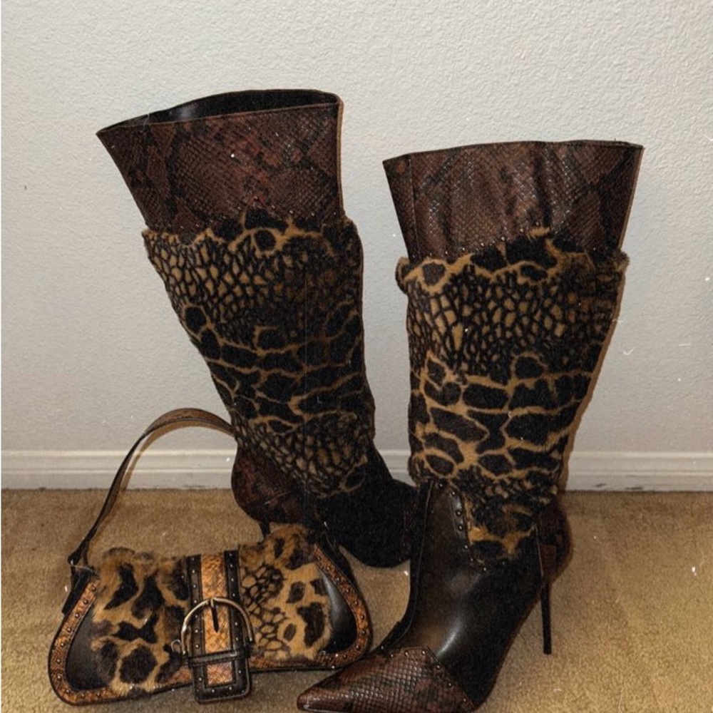 PrettyLittleThing Brown and Black Heeled Boots with Leopard Print Purse